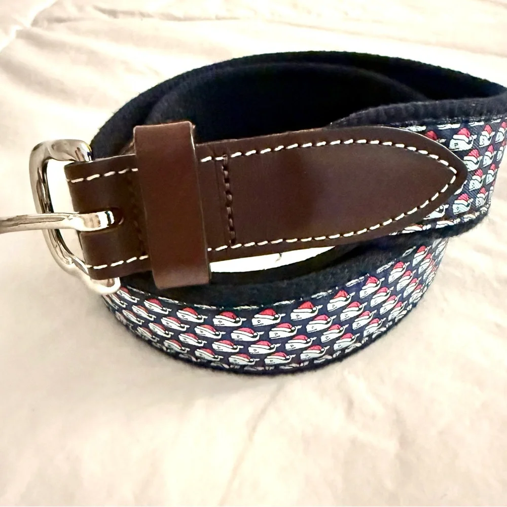 Vineyard Vines Santa Whale Belt Boys Blue Canvas Brown Leather Santa Hat Size 28